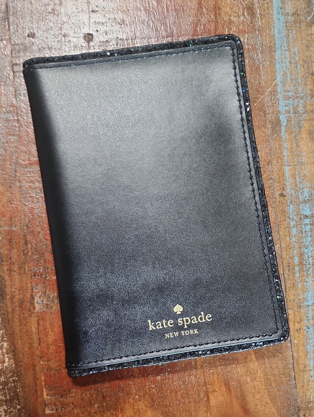 Kate Spade Black Leather Travel Card Passport Holder Sparkle NWT